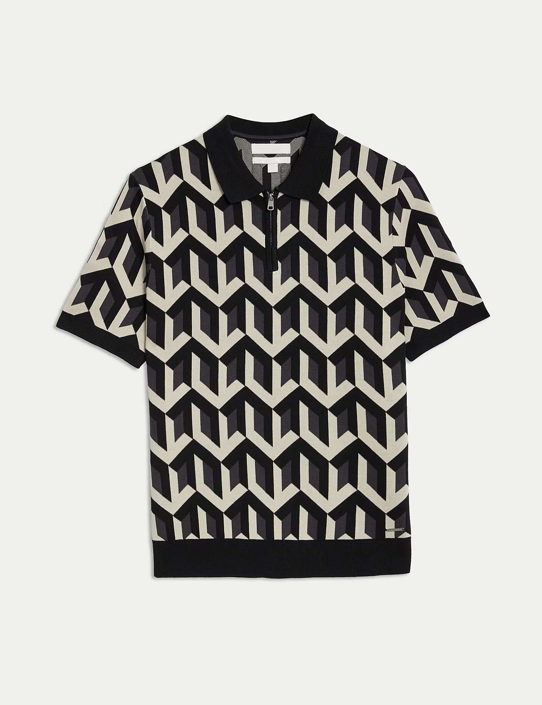 Men's Black Geometric Short Sleeve Polo Shirt