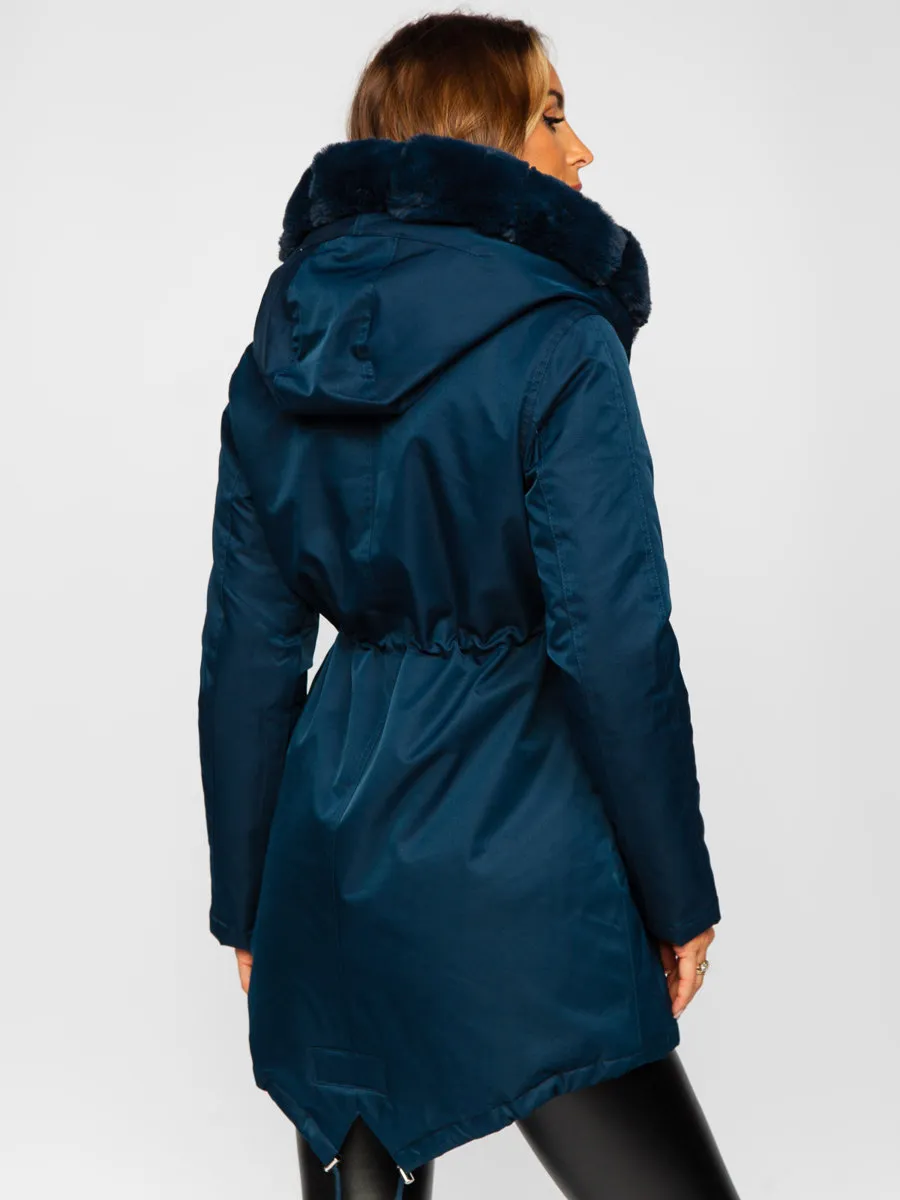 Dark blue women's winter parka with hood