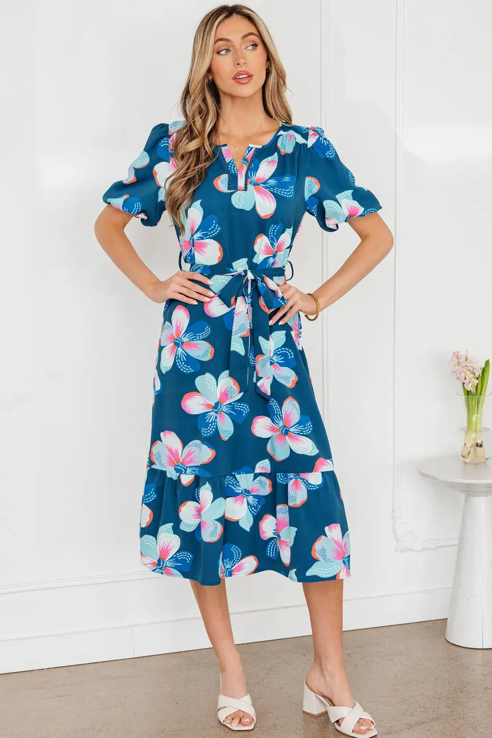 Floral Printed Tie Waist Dress Casual