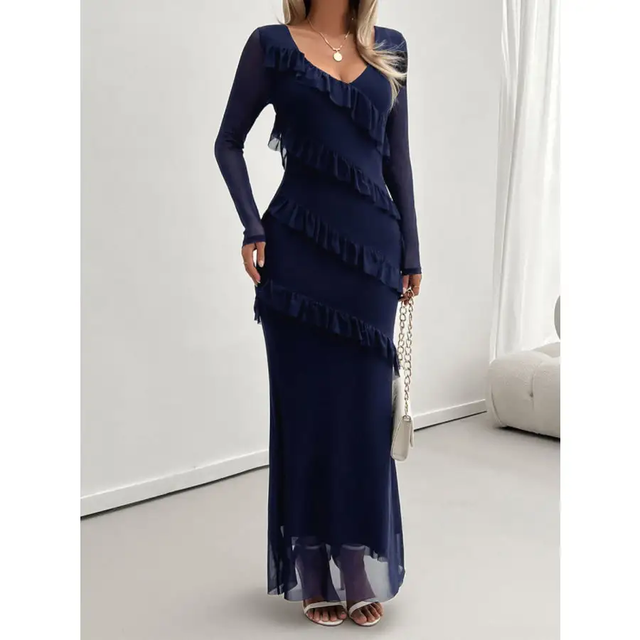 Devine Ruffled Surplice Long Sleeve Maxi Dress