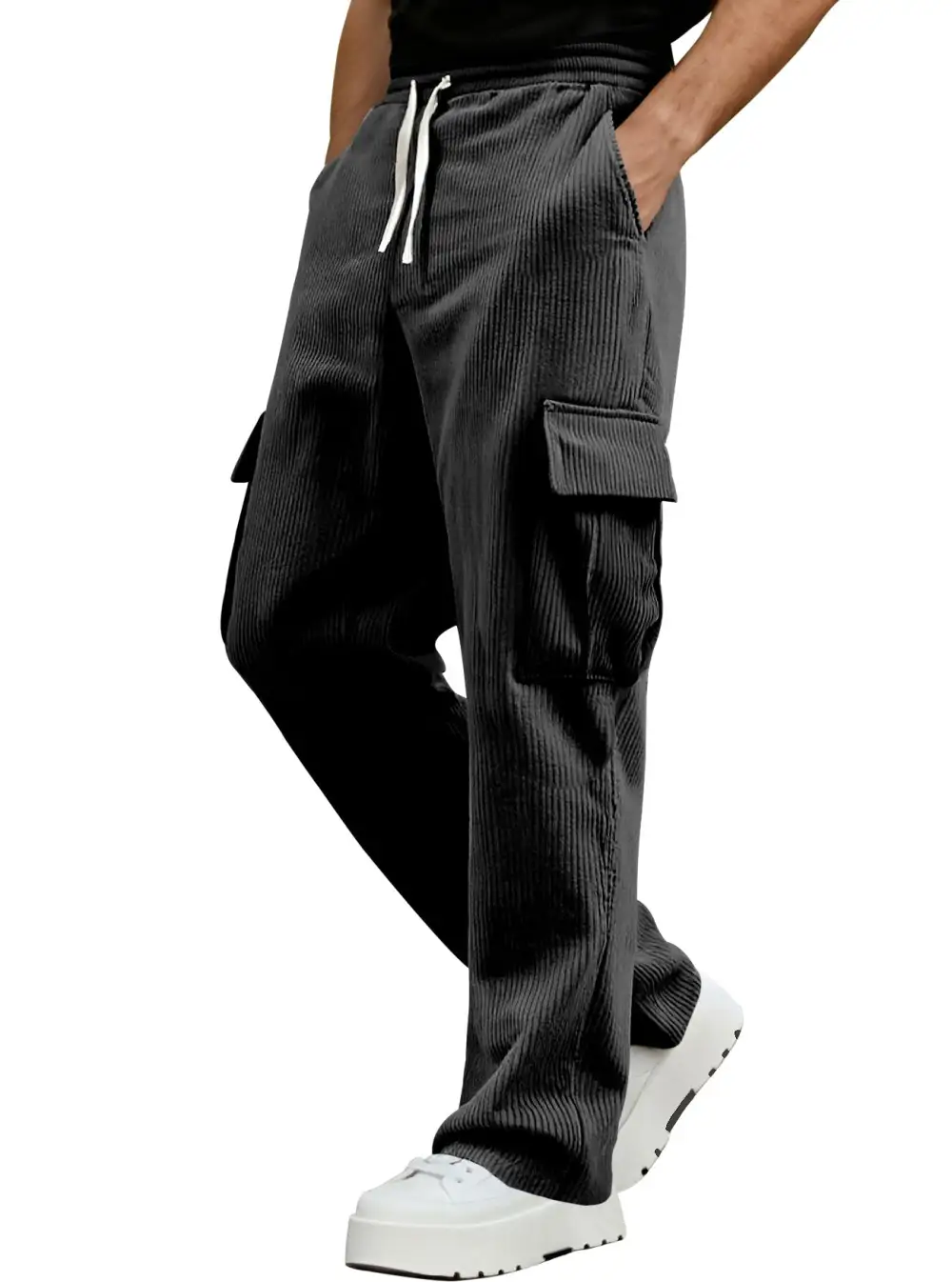 Men's Casual Corduroy Cargo Pants Waist Straight Leg Pockets