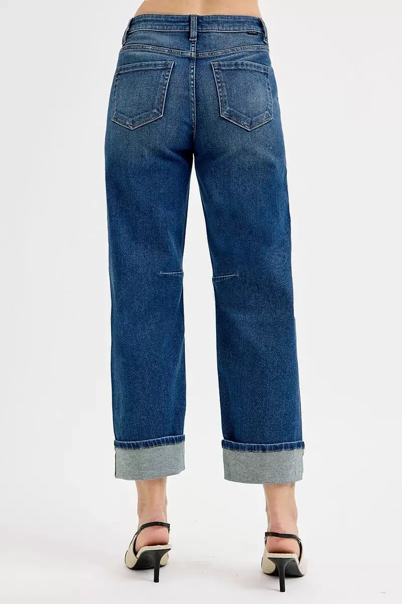 Textured Barrel Leg Cuffed Denim Jeans