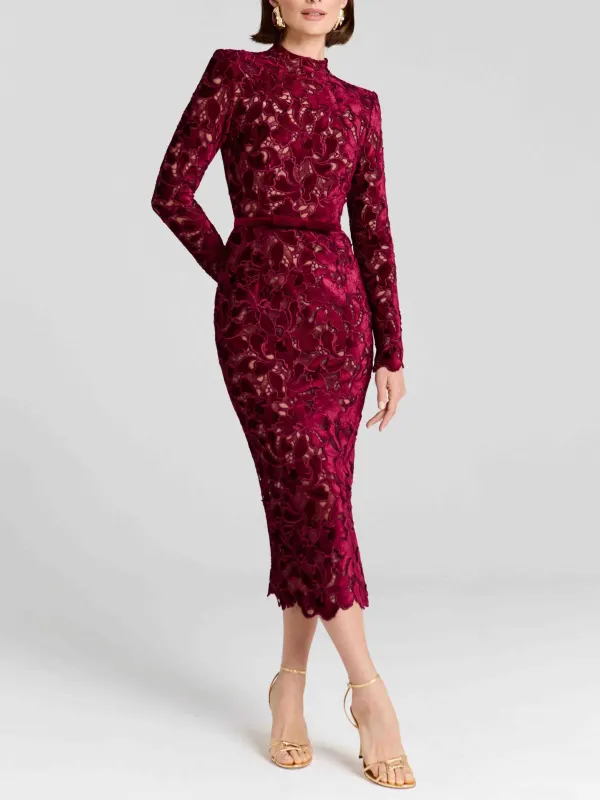 Elegant Embroidered Lace High Neck Midi Dress