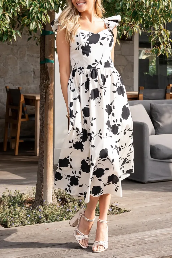 Minimalist Versatile Art Ivory And  Black Floral Dress