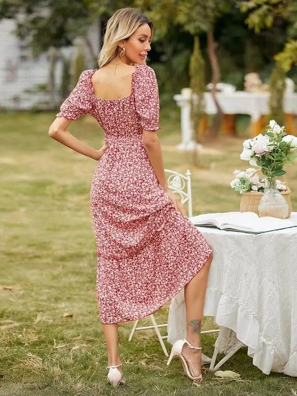 Women Square Neck Ditsy Floral Frill Trim Dress