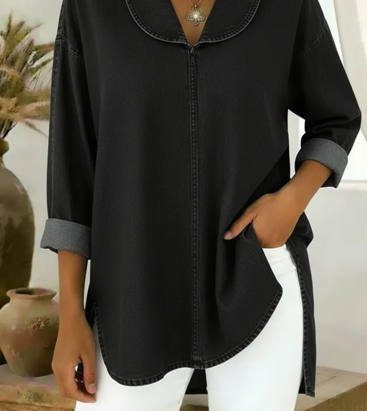 Retro Denim Top With Shawl Collar