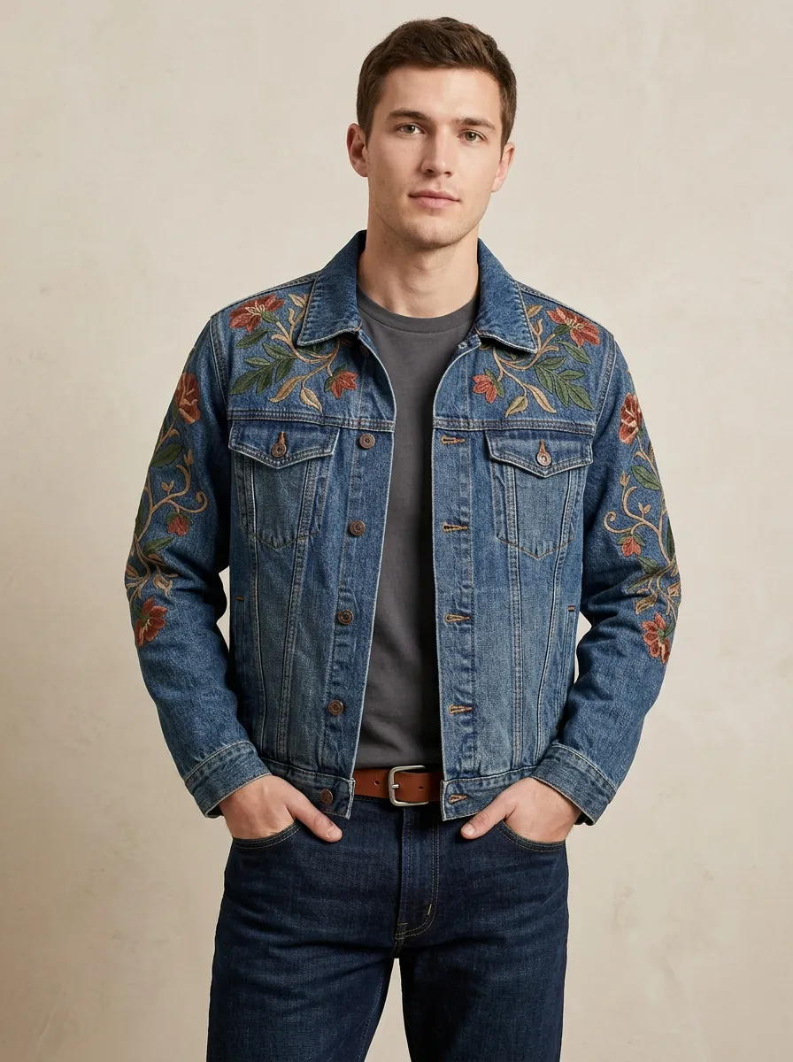 Men's Floral Street Style Vintage Inspired Denim Jacket