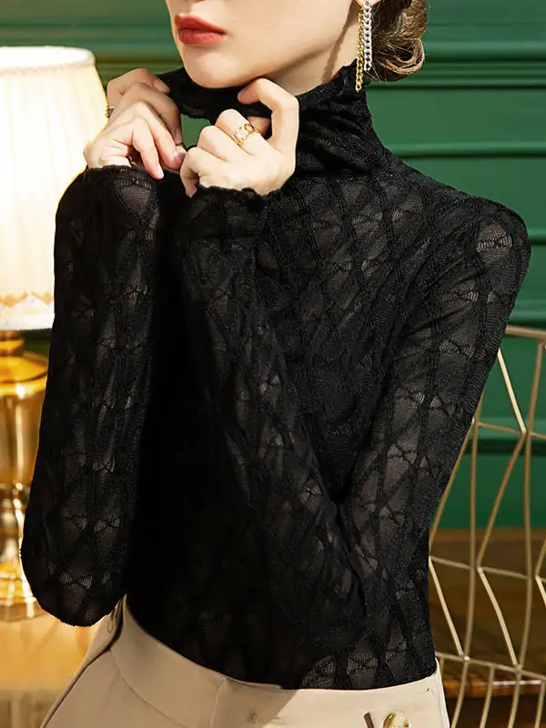 Refined Lace Detail Slim Fit Falbala Checkered High Neck T-Shirt