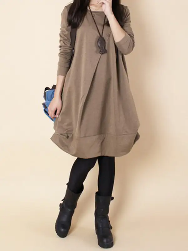 A Line Long Sleeve Pleated Solid Color Round Neck Dress Maxi