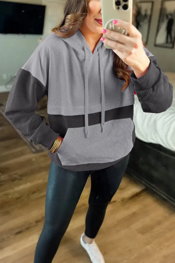 Textured Color Block Kangaroo Pocket Drop Shoulder Hoodie