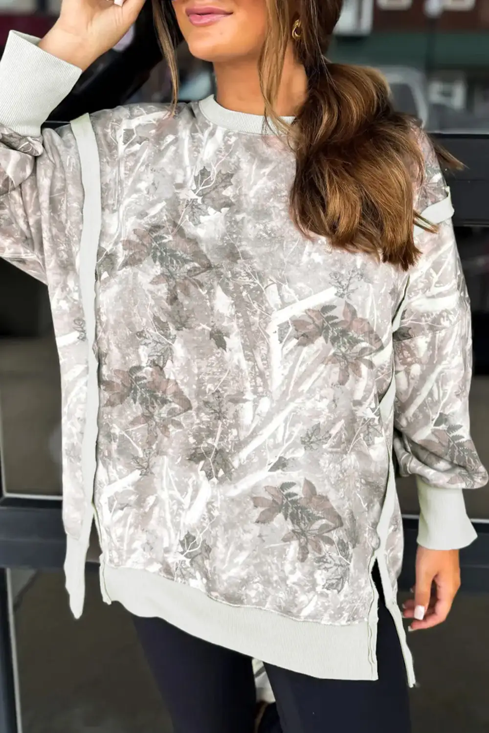 Relaxed Camo Print Patchwork Exposed Seam Sweatshirt