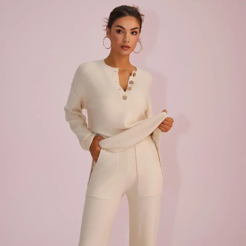 Women's Waffle Knit Loungewear Set Cozy Button Front Top & Wide Leg Pants