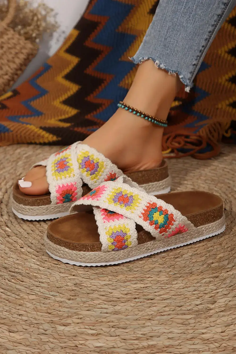 Geometric Woven Platform Slide Sandals