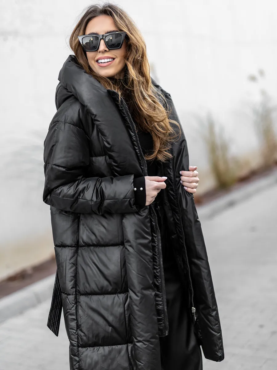 Black Women's Long Quilted Winter Jacket With Hood