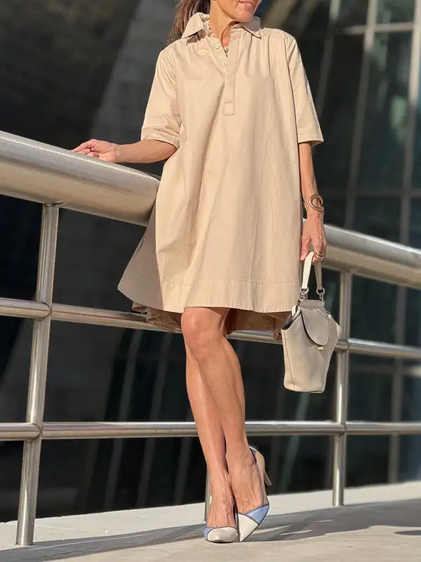 A Line Short Sleeve Solid Color Split Joint Lapel Mini Dress