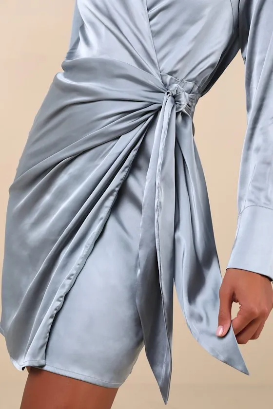Painterly Perfection Slate Blue Satin Wrap Mini Dress