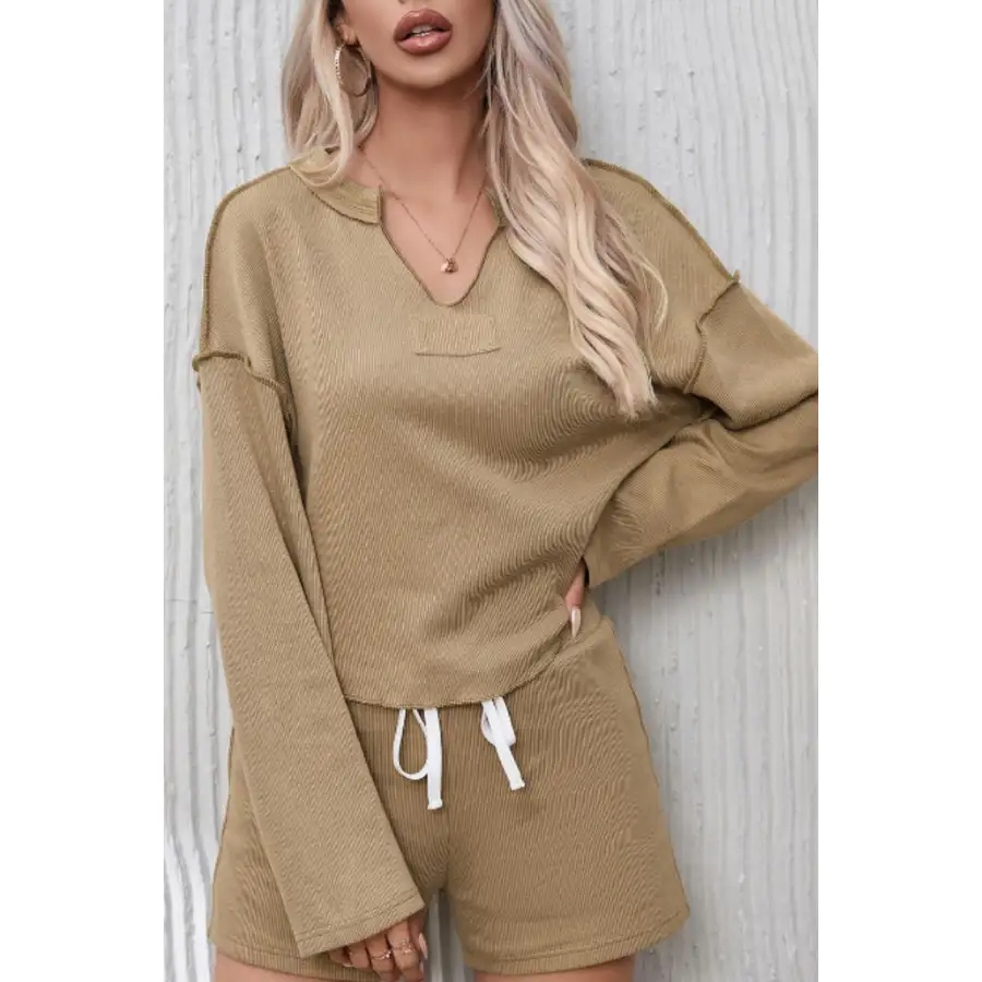 Exposed Seam Long Sleeve Top and Drawstring Shorts Set