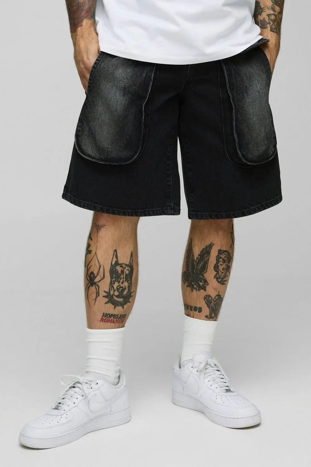 Regular Fit Washed Black Cargo Distressed Jorts