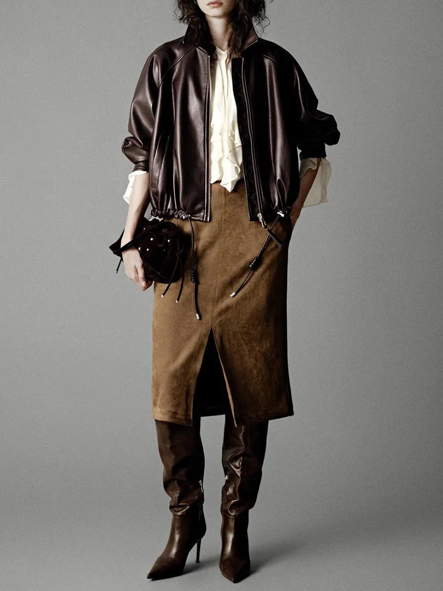 A Casual Brown Leather Jacket With A Large Lapel Hem And Drawstring