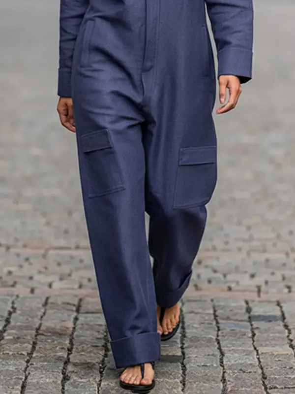 Lange Mouwen Losse Effen Kleur Rits Revers Jumpsuits