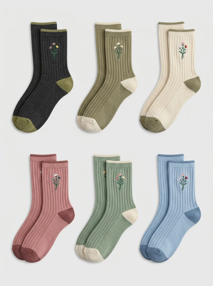 Women's Floral Lover Botanical Embroidered Ribbed Socks