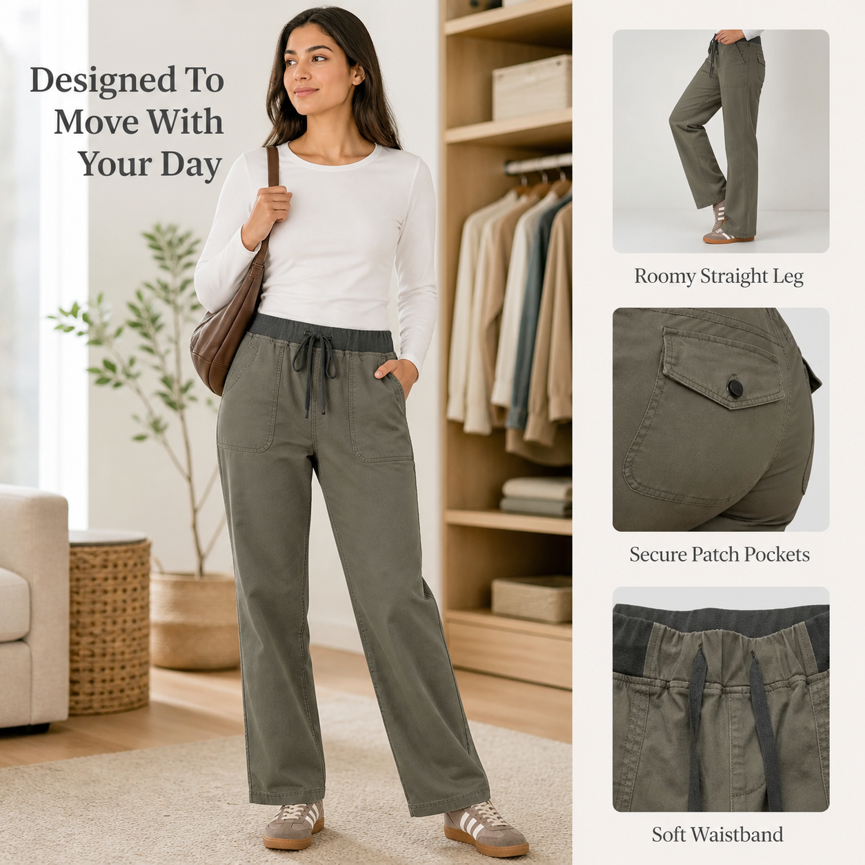 Women's solid seam detail drawstring mid-rise straight-leg pants detail
