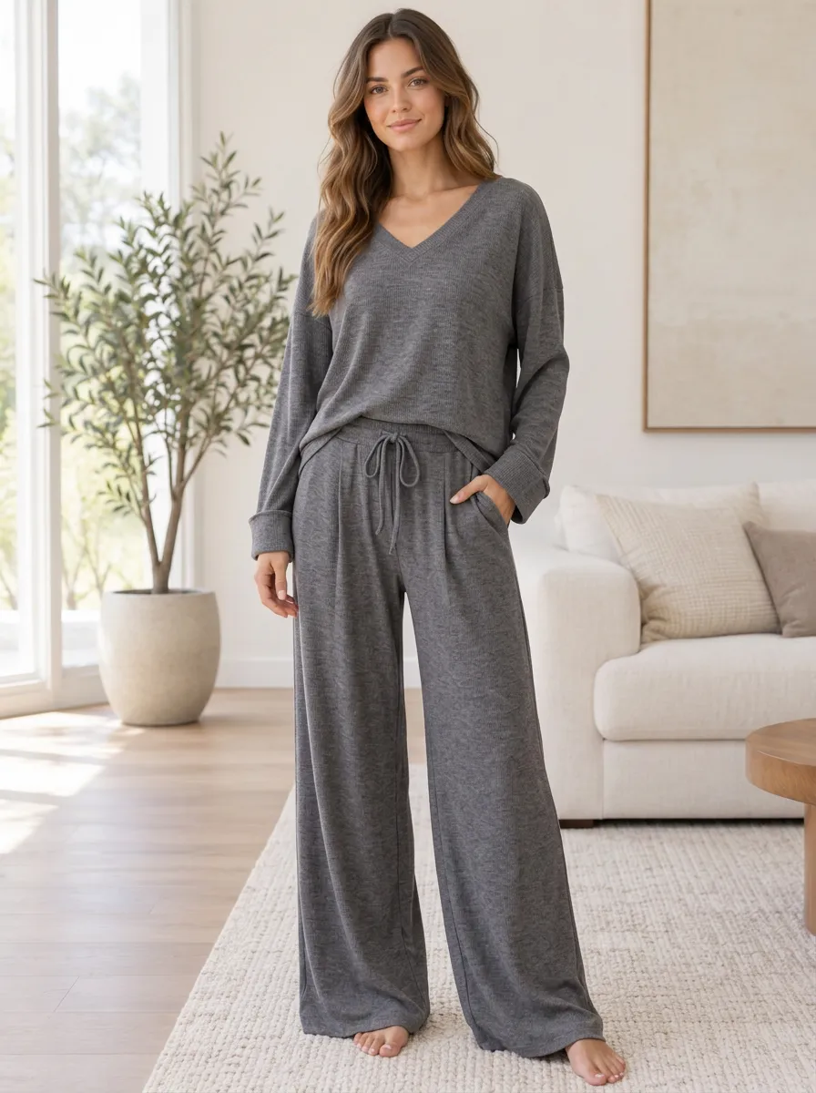 Women's Minimal Lounge V-Neck Wide Leg Homewear Set