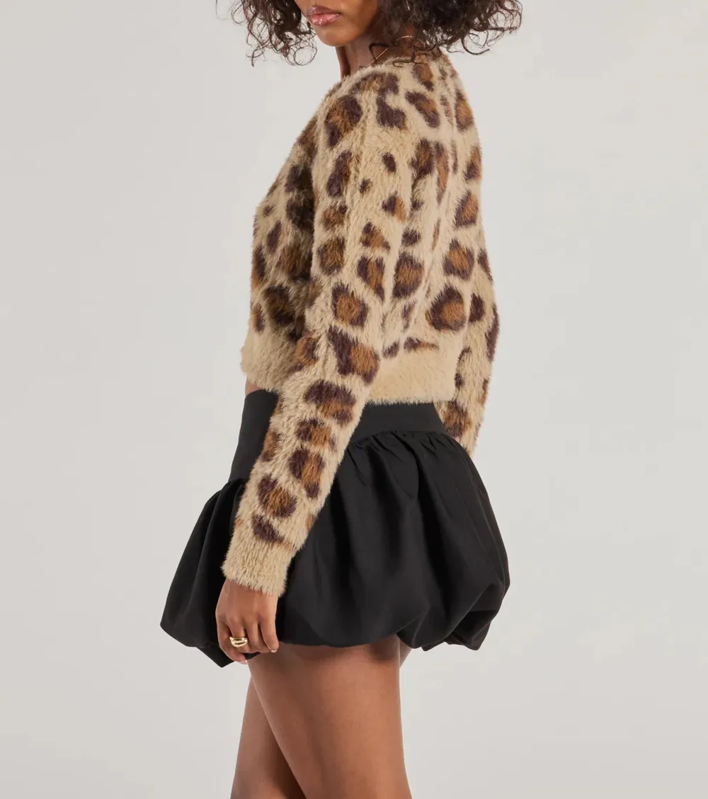Leopard Print Eyelash Knit Cropped Cardigan
