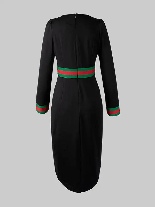 Long Sleeve Striped Deep V Neck Mini Dress