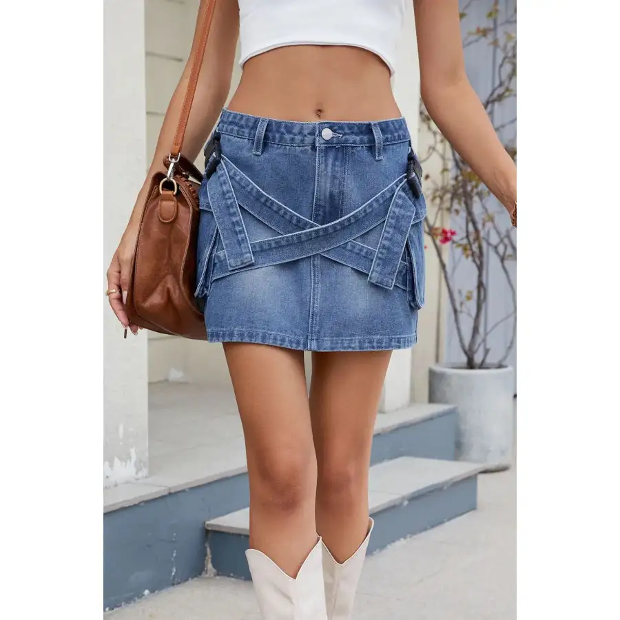 Criss-cross Waist Detail Denim Mini Skirt