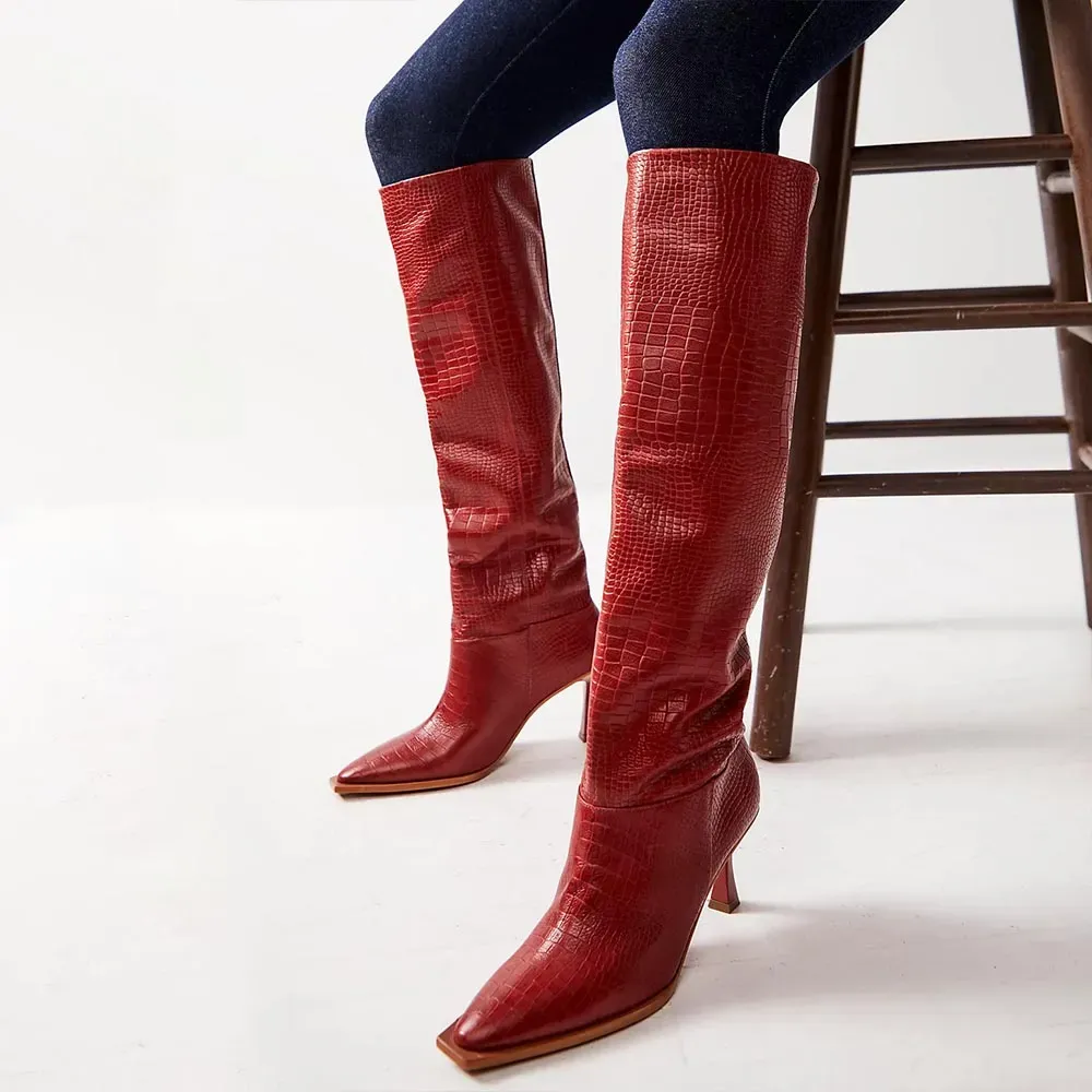 Faux-Leather Crocodile-Embossed Pointed-Toe Snip-Toe Knee-High Boots