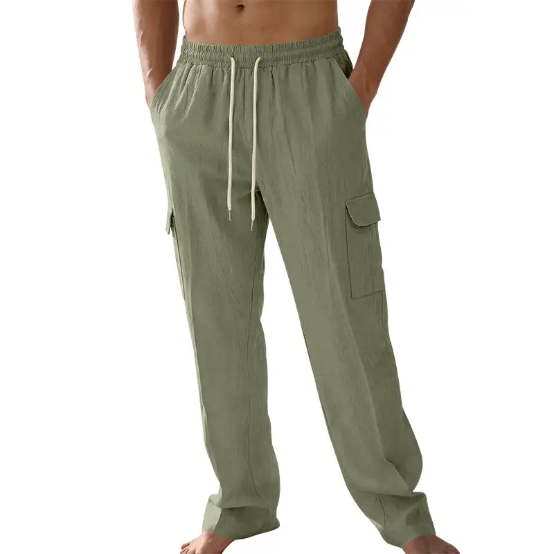 Men's Loose Linen Cargo Pants Waistband Pockets