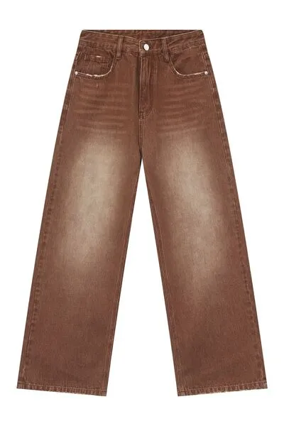Refined Washed Pocketed Stretch Wide Straight Jeans