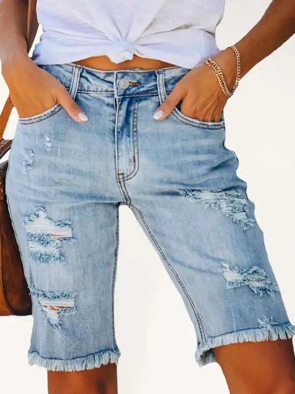 Mid Rise Ripped Elastic Waist Denim Jeans