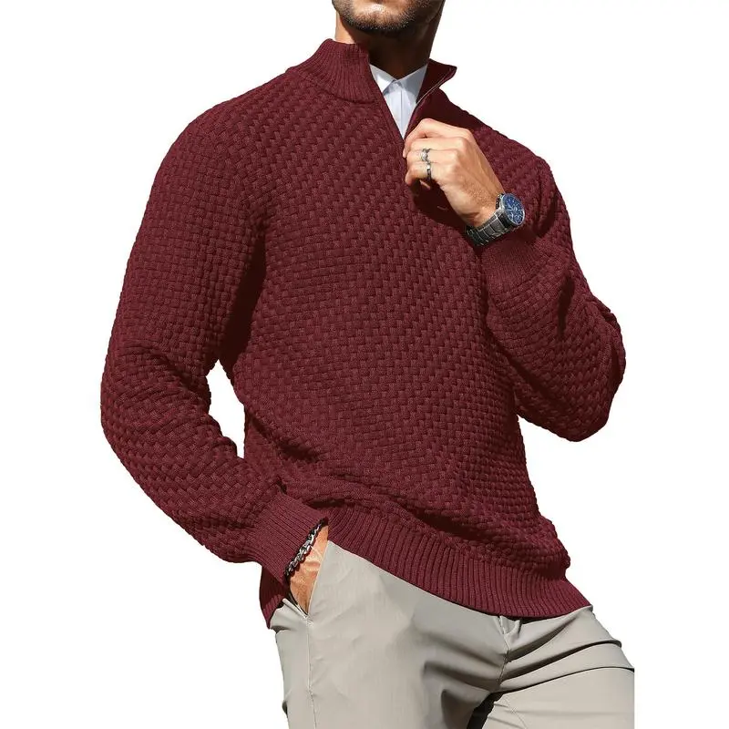 Men's Quarter-Zip Sweater Polo Zip Up Pullover Cable Knit Turtleneck Tops Long Sleeve