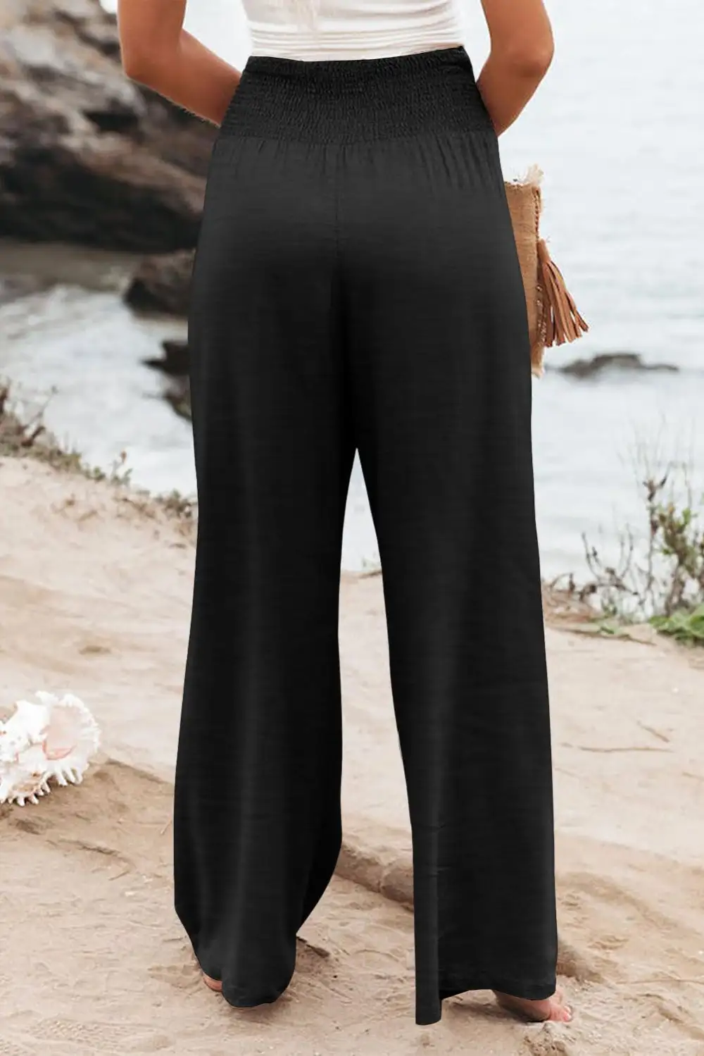 Shirred High Rise Plus Wide Leg Pants