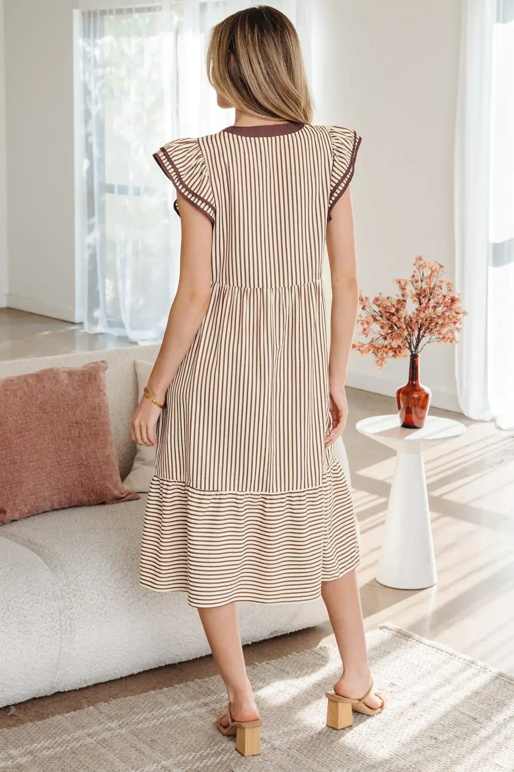 Lightweight Feel Striped V Neck Ruffle Midi Dress