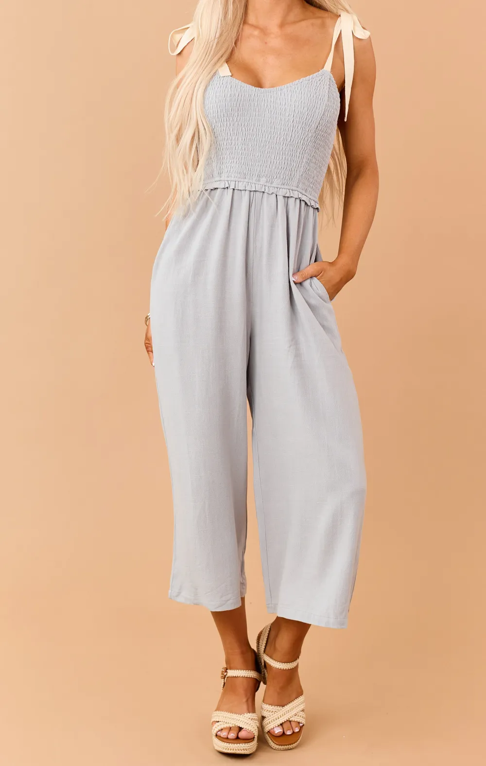 Light Juniper Linen Blend Smocked Jumpsuit