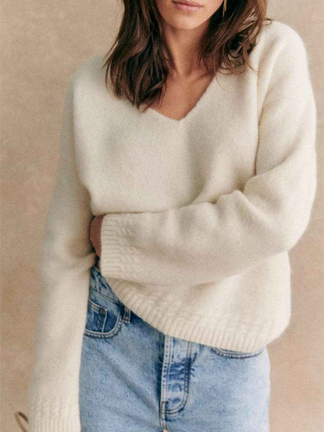 Cream V-Neck Soft Sweater