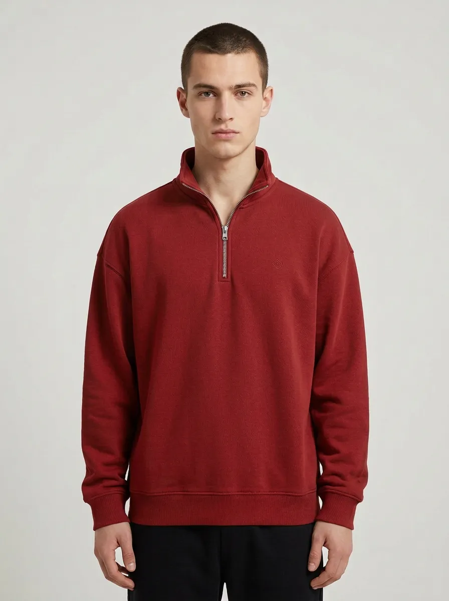 Men's Clean-Line Minimalist Textured Embroidered Emblem Quarter-Zip Sweatshirt