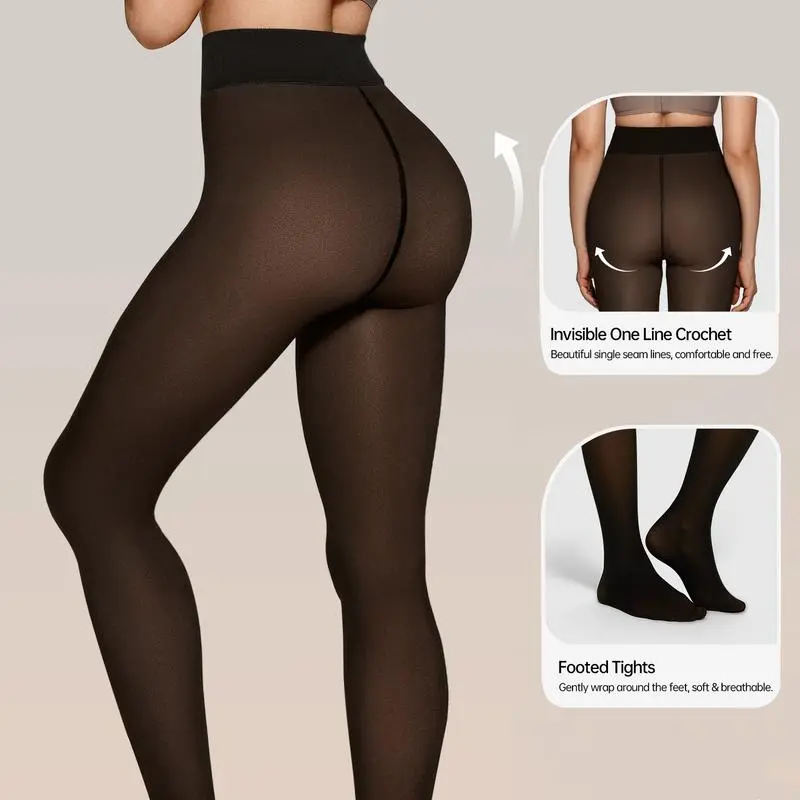 Women Fleece Lined Leggings Sheer Fake Translucent Pantyhose Thermal High Waisted Footed Opaque Tights