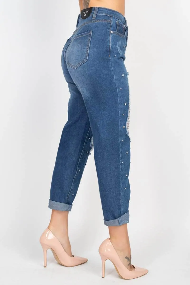 Ripped Rhinestone Denim Jeans