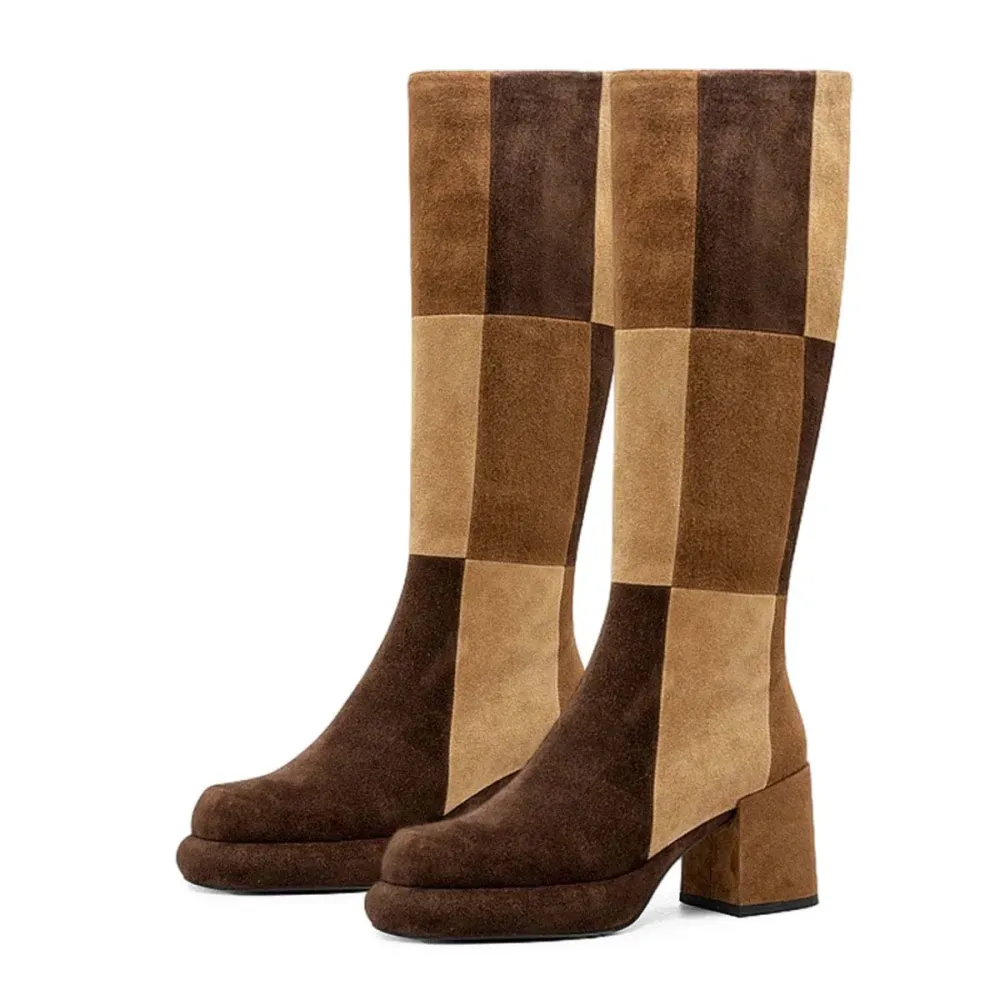 Faux-Suede Zip-Up Patchwork Round-Toe Knee-High Boots