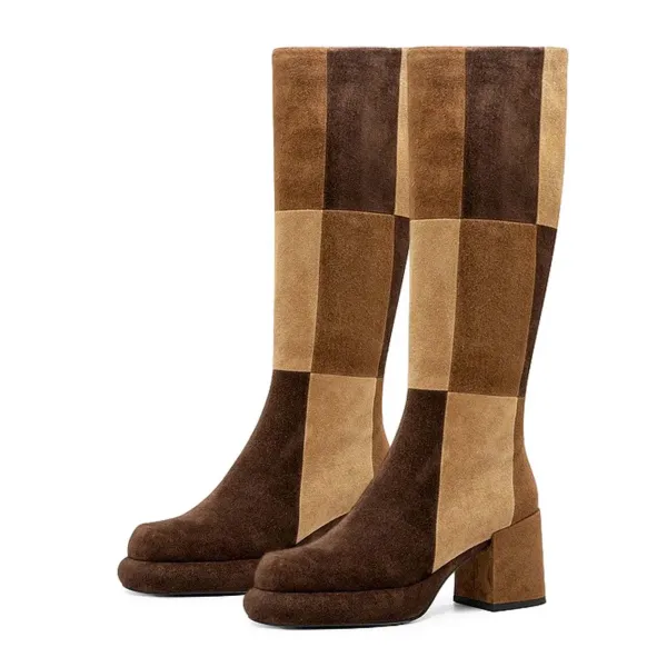 Faux-Suede Zip-Up Patchwork Round-Toe Knee-High Boots