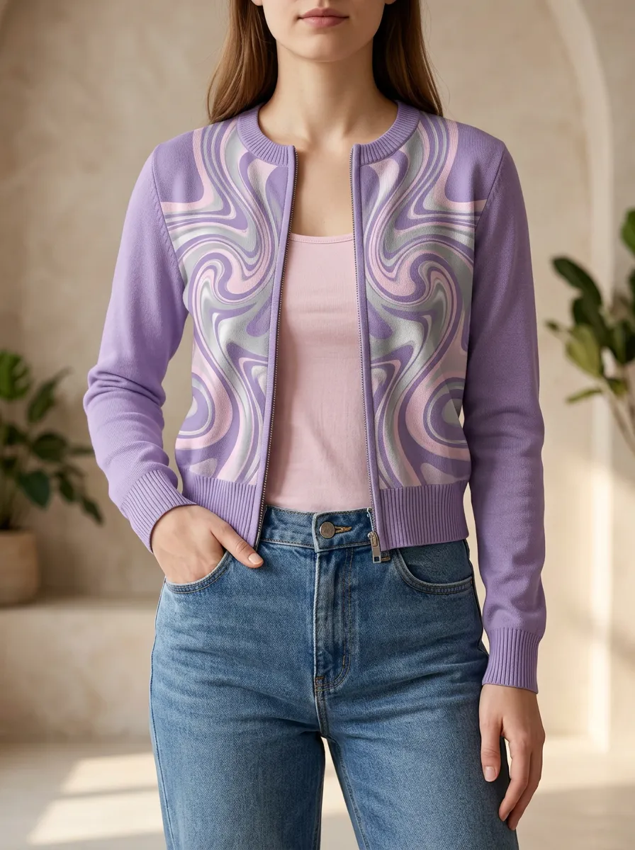 Women's Swirl Pattern Printed Intarsia Knit Everyday Layering Cardigan