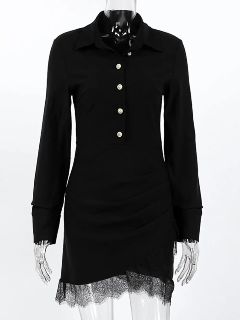 Lace Button Front Long Sleeve Dress Casual
