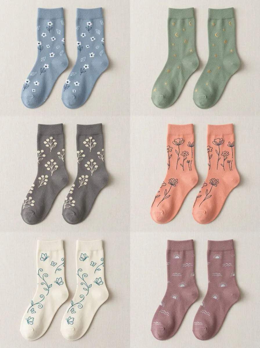 Women's Botanical Celestial Line Art Crew Socks Six Pair Set