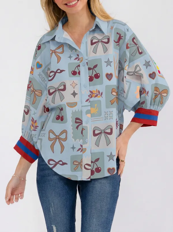 Women's Cute Aesthetic Bow Cherry Star Printed Button-up Shirt