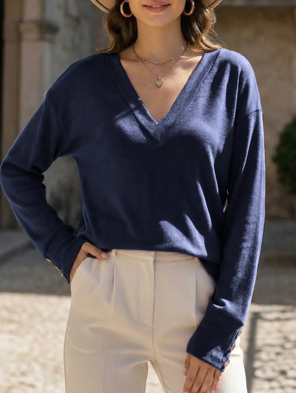 V Neck Button Loose Long Sleeve Tee
