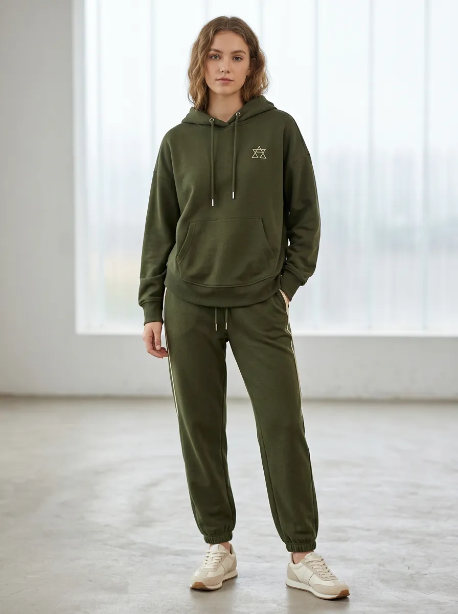 Women's Olive Green Logo-Embroidered Hoodie and Jogger Set